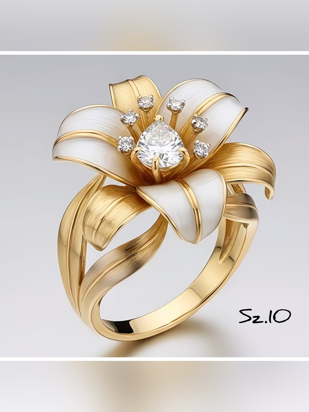 Gorgeous Lily flower ring with enamel & CZ's, Sz.10
